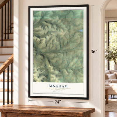 Bingham, Pennsylvania map, 24 x 36 inch print in a black frame by a staircase