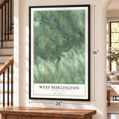 West Burlington, Pennsylvania map, 24 x 36 inch print in a black frame by a staircase