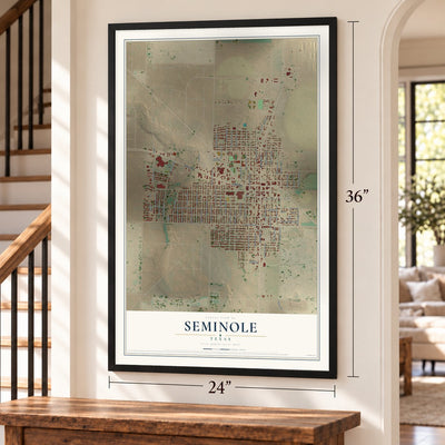 Seminole, Texas map, 24 x 36 inch print in a black frame by a staircase