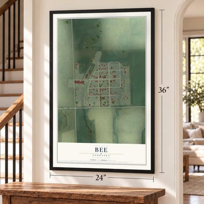 Bee, Nebraska map, 24 x 36 inch print in a black frame by a staircase