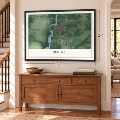 Denton, Maryland map, 24 x 36 inch print in a black frame above a dresser by a staircase
