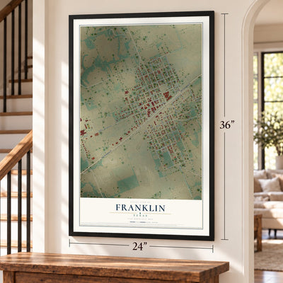 Franklin, Texas map, 24 x 36 inch print in a black frame by a staircase