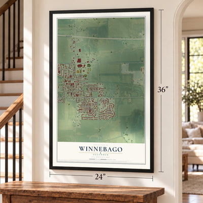 Winnebago, Illinois map, 24 x 36 inch print in a black frame by a staircase