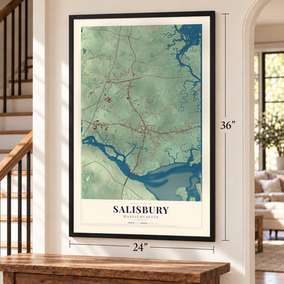 Salisbury, Massachusetts map, 24 x 36 inch print in a black frame by a staircase