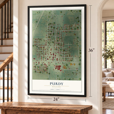 Purdy, Missouri map, 24 x 36 inch print in a black frame by a staircase