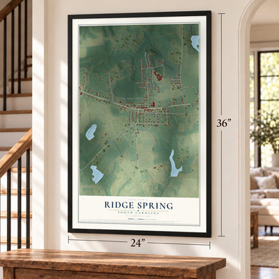 Ridge Spring, South Carolina map, 24 x 36 inch print in a black frame by a staircase