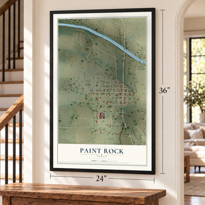 Paint Rock, Texas map, 24 x 36 inch print in a black frame by a staircase
