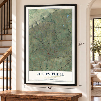 Chestnuthill, Pennsylvania map, 24 x 36 inch print in a black frame by a staircase