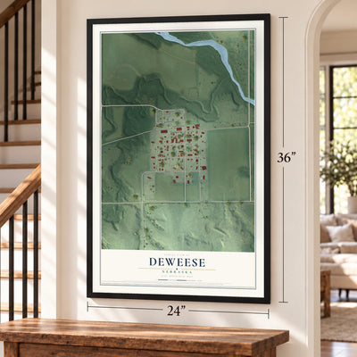 Deweese, Nebraska map, 24 x 36 inch print in a black frame by a staircase