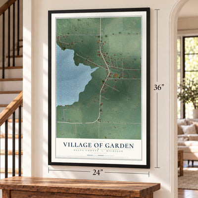 Garden, Michigan map, 24 x 36 inch print in a black frame by a staircase