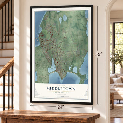 Middletown, Rhode Island map, 24 x 36 inch print in a black frame by a staircase