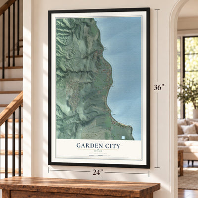 Garden City, Utah map, 24 x 36 inch print in a black frame by a staircase