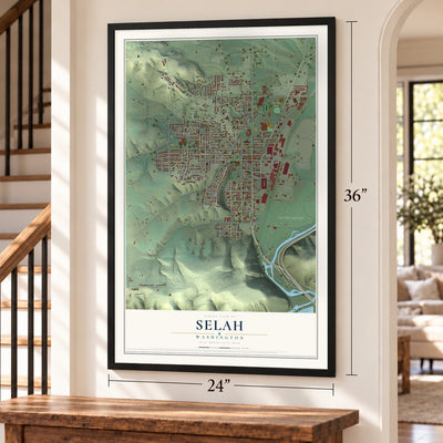 Selah, Washington map, 24 x 36 inch print in a black frame by a staircase