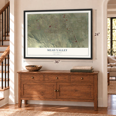 Mead Valley, California map, 24 x 36 inch print in a black frame above a dresser by a staircase