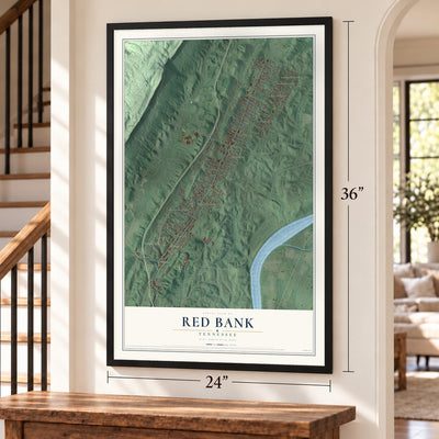Red Bank, Tennessee map, 24 x 36 inch print in a black frame by a staircase