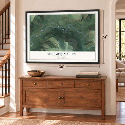 Yosemite Valley, California map, 24 x 36 inch print in a black frame above a dresser by a staircase