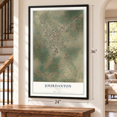 Jourdanton, Texas map, 24 x 36 inch print in a black frame by a staircase