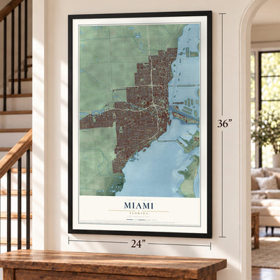 Miami, Florida map, 24 x 36 inch print in a black frame by a staircase