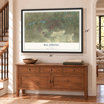 Big Spring, Texas map, 24 x 36 inch print in a black frame above a dresser by a staircase