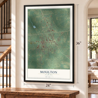 Moulton, Alabama map, 24 x 36 inch print in a black frame by a staircase