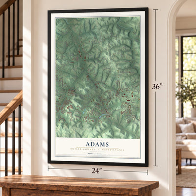 Adams, Butler County, Pennsylvania map, 24 x 36 inch print in a black frame by a staircase