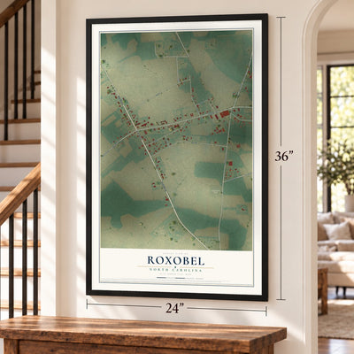 Roxobel, North Carolina map, 24 x 36 inch print in a black frame by a staircase