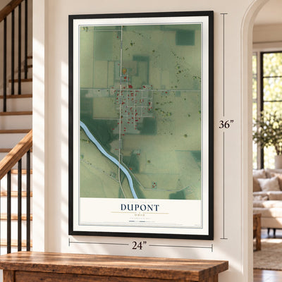 Dupont, Ohio map, 24 x 36 inch print in a black frame by a staircase