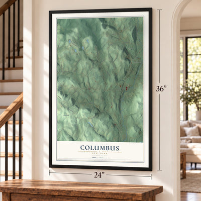 Columbus, New York map, 24 x 36 inch print in a black frame by a staircase