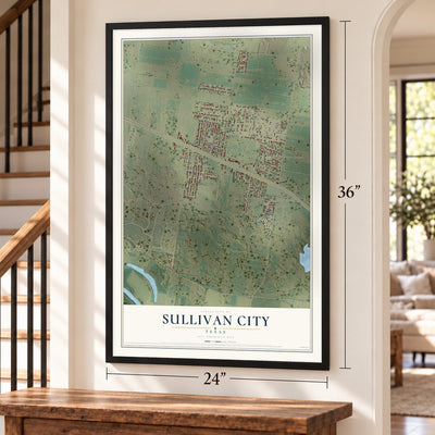 Sullivan City, Texas map, 24 x 36 inch print in a black frame by a staircase