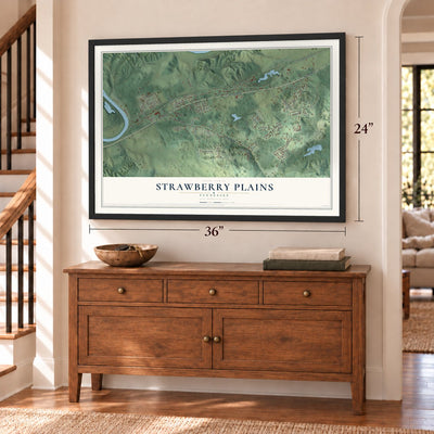 Strawberry Plains, Tennessee map, 24 x 36 inch print in a black frame above a dresser by a staircase