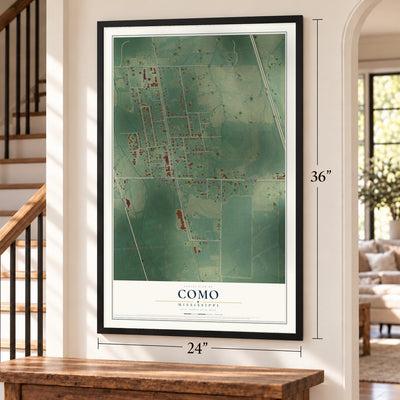 Como, Mississippi map, 24 x 36 inch print in a black frame by a staircase