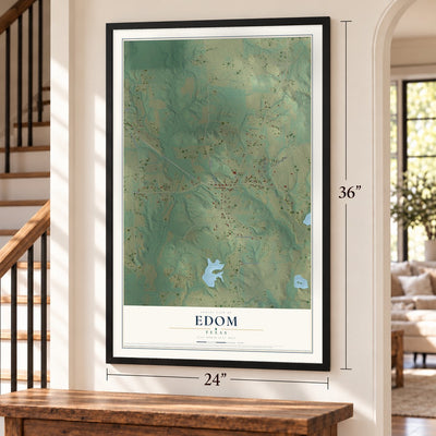 Edom, Texas map, 24 x 36 inch print in a black frame by a staircase