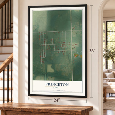 Princeton, Kansas map, 24 x 36 inch print in a black frame by a staircase