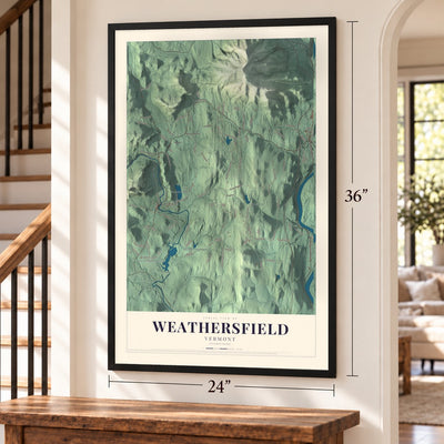 Weathersfield, Vermont map, 24 x 36 inch print in a black frame by a staircase
