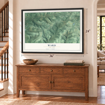 Ward, New York map, 24 x 36 inch print in a black frame above a dresser by a staircase