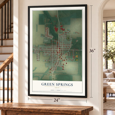Green Springs, Ohio map, 24 x 36 inch print in a black frame by a staircase