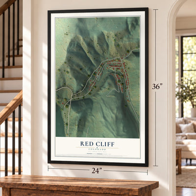 Red Cliff, Colorado map, 24 x 36 inch print in a black frame by a staircase