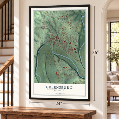 Greensburg, Kentucky map, 24 x 36 inch print in a black frame by a staircase