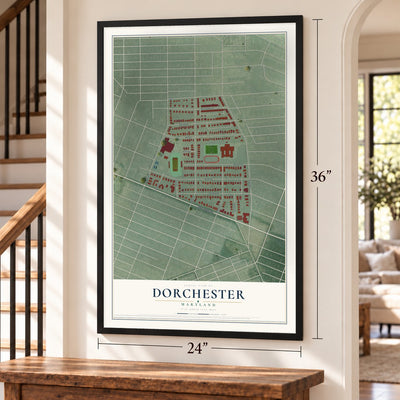 Dorchester, Maryland map, 24 x 36 inch print in a black frame by a staircase