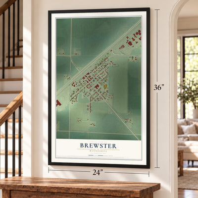 Brewster, Minnesota map, 24 x 36 inch print in a black frame by a staircase