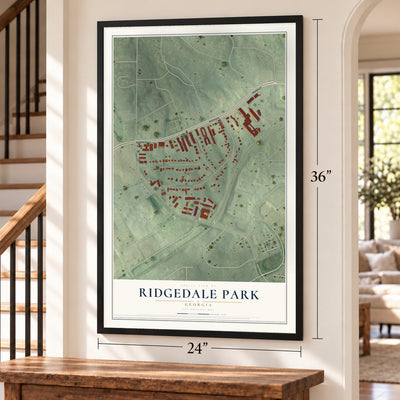 Ridgedale Park, Georgia map, 24 x 36 inch print in a black frame by a staircase