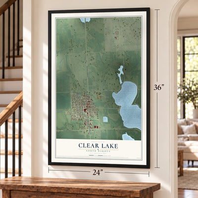 Clear Lake, South Dakota map, 24 x 36 inch print in a black frame by a staircase
