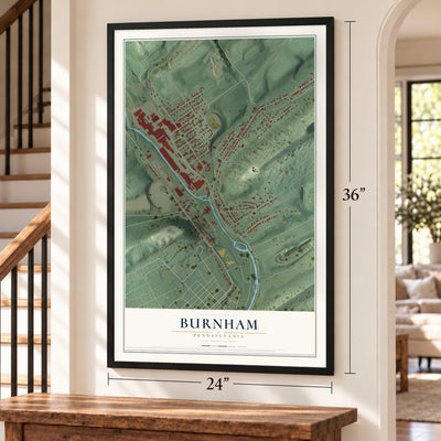 Burnham, Pennsylvania map, 24 x 36 inch print in a black frame by a staircase