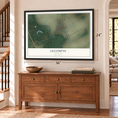 Lecompte, Louisiana map, 24 x 36 inch print in a black frame above a dresser by a staircase