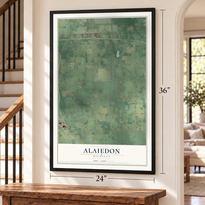 Alaiedon, Michigan map, 24 x 36 inch print in a black frame by a staircase