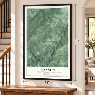 Lebanon, Hunterdon County, New Jersey map, 24 x 36 inch print in a black frame by a staircase