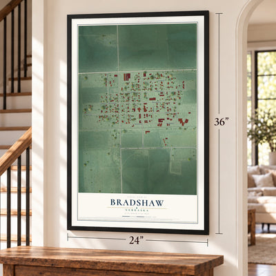 Bradshaw, Nebraska map, 24 x 36 inch print in a black frame by a staircase