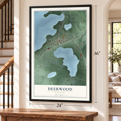 Deerwood, Minnesota map, 24 x 36 inch print in a black frame by a staircase