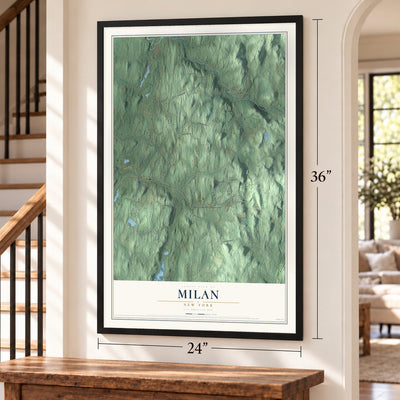Milan, New York map, 24 x 36 inch print in a black frame by a staircase
