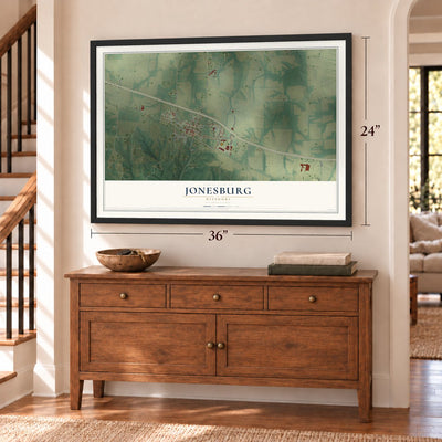 Jonesburg, Missouri map, 24 x 36 inch print in a black frame above a dresser by a staircase